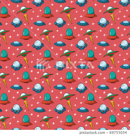 Ufo and aliens Seamless pattern. Cute Doodles space ships sketch. Hand drawn Cartoon Vector illustration Ufo and aliens Seamless pattern. Cute Doodles space ships sketch. Hand drawn Cartoon Vector illustration 69755034
