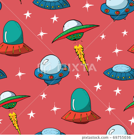 Ufo and aliens Seamless pattern. Cute Doodles space ships sketch. Hand drawn Cartoon Vector illustration Ufo and aliens Seamless pattern. Cute Doodles space ships sketch. Hand drawn Cartoon Vector illustration 69755036