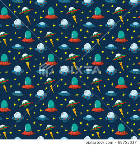 Ufo and aliens Seamless pattern. Cute Doodles space ships sketch. Hand drawn Cartoon Vector illustration Ufo and aliens Seamless pattern. Cute Doodles space ships sketch. Hand drawn Cartoon Vector illustration 69755037