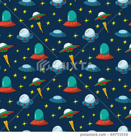 Ufo and aliens Seamless pattern. Cute Doodles space ships sketch. Hand drawn Cartoon Vector illustration Ufo and aliens Seamless pattern. Cute Doodles space ships sketch. Hand drawn Cartoon Vector illustration 69755038