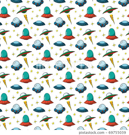 Ufo and aliens Seamless pattern. Cute Doodles space ships sketch. Hand drawn Cartoon Vector illustration Ufo and aliens Seamless pattern. Cute Doodles space ships sketch. Hand drawn Cartoon Vector illustration 69755039