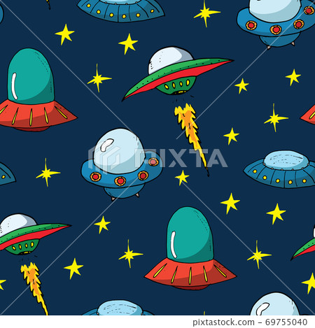 Ufo and aliens Seamless pattern. Cute Doodles space ships sketch. Hand drawn Cartoon Vector illustration Ufo and aliens Seamless pattern. Cute Doodles space ships sketch. Hand drawn Cartoon Vector illustration 69755040