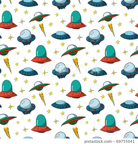 Ufo and aliens Seamless pattern. Cute Doodles space ships sketch. Hand drawn Cartoon Vector illustration Ufo and aliens Seamless pattern. Cute Doodles space ships sketch. Hand drawn Cartoon Vector illustration 69755041