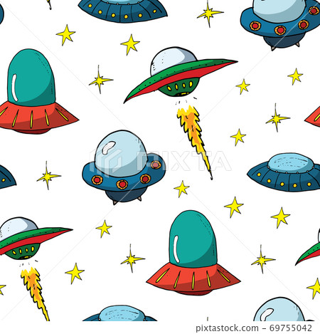 Ufo and aliens Seamless pattern. Cute Doodles space ships sketch. Hand drawn Cartoon Vector illustration Ufo and aliens Seamless pattern. Cute Doodles space ships sketch. Hand drawn Cartoon Vector illustration 69755042