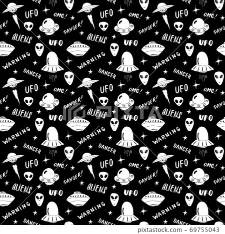 Ufo and aliens Seamless pattern. Cute Doodles space ships sketch. Hand drawn Cartoon Vector illustration Ufo and aliens Seamless pattern. Cute Doodles space ships sketch. Hand drawn Cartoon Vector illustration 69755043