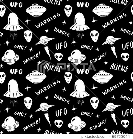 Ufo and aliens Seamless pattern. Cute Doodles space ships sketch. Hand drawn Cartoon Vector illustration Ufo and aliens Seamless pattern. Cute Doodles space ships sketch. Hand drawn Cartoon Vector illustration 69755044