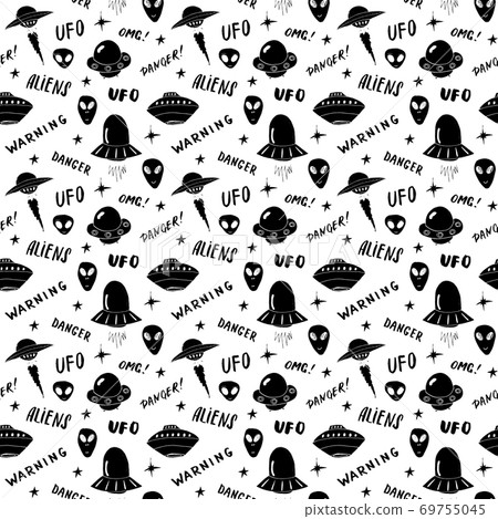Ufo and aliens Seamless pattern. Cute Doodles space ships sketch. Hand drawn Cartoon Vector illustration Ufo and aliens Seamless pattern. Cute Doodles space ships sketch. Hand drawn Cartoon Vector illustration 69755045