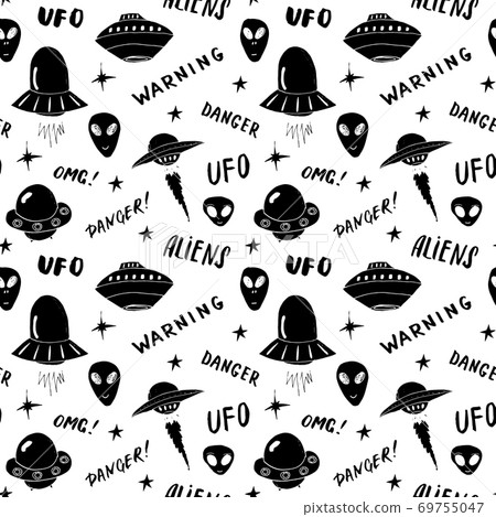 Ufo and aliens Seamless pattern. Cute Doodles space ships sketch. Hand drawn Cartoon Vector illustration Ufo and aliens Seamless pattern. Cute Doodles space ships sketch. Hand drawn Cartoon Vector illustration 69755047