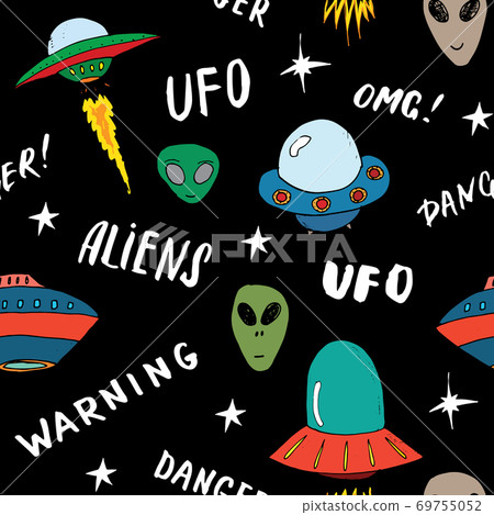 Ufo and aliens Seamless pattern. Cute Doodles space ships sketch. Hand drawn Cartoon Vector illustration Ufo and aliens Seamless pattern. Cute Doodles space ships sketch. Hand drawn Cartoon Vector illustration 69755052