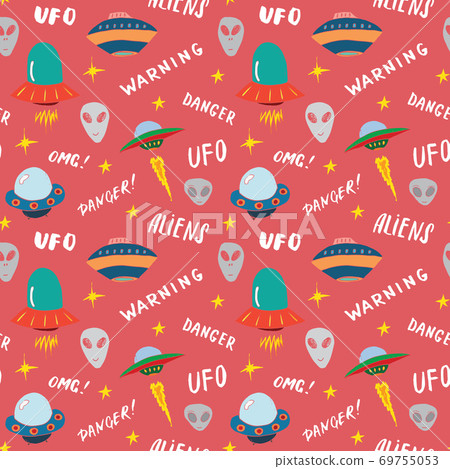 Ufo and aliens Seamless pattern. Cute Doodles space ships sketch. Hand drawn Cartoon Vector illustration Ufo and aliens Seamless pattern. Cute Doodles space ships sketch. Hand drawn Cartoon Vector illustration 69755053