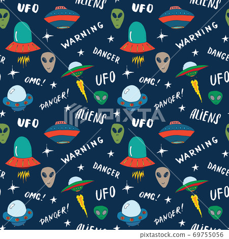 Ufo and aliens Seamless pattern. Cute Doodles space ships sketch. Hand drawn Cartoon Vector illustration Ufo and aliens Seamless pattern. Cute Doodles space ships sketch. Hand drawn Cartoon Vector illustration 69755056