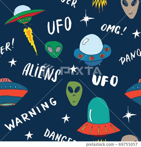 Ufo and aliens Seamless pattern. Cute Doodles space ships sketch. Hand drawn Cartoon Vector illustration Ufo and aliens Seamless pattern. Cute Doodles space ships sketch. Hand drawn Cartoon Vector illustration 69755057