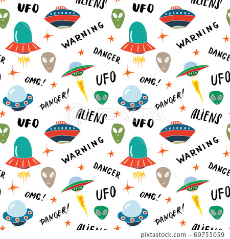Ufo and aliens Seamless pattern. Cute Doodles space ships sketch. Hand drawn Cartoon Vector illustration Ufo and aliens Seamless pattern. Cute Doodles space ships sketch. Hand drawn Cartoon Vector illustration 69755059
