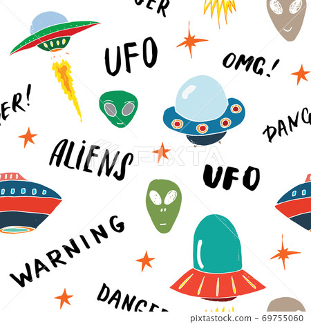 Ufo and aliens Seamless pattern. Cute Doodles space ships sketch. Hand drawn Cartoon Vector illustration Ufo and aliens Seamless pattern. Cute Doodles space ships sketch. Hand drawn Cartoon Vector illustration 69755060