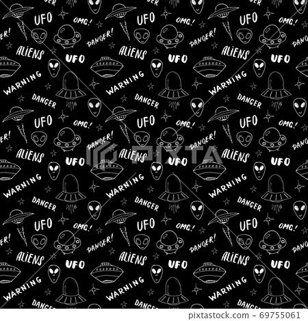 Ufo and aliens Seamless pattern. Cute Doodles space ships sketch. Hand drawn Cartoon Vector illustration Ufo and aliens Seamless pattern. Cute Doodles space ships sketch. Hand drawn Cartoon Vector illustration 69755061