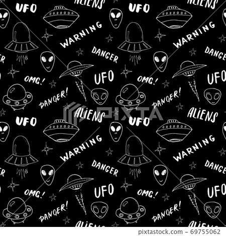 Ufo and aliens Seamless pattern. Cute Doodles space ships sketch. Hand drawn Cartoon Vector illustration Ufo and aliens Seamless pattern. Cute Doodles space ships sketch. Hand drawn Cartoon Vector illustration 69755062