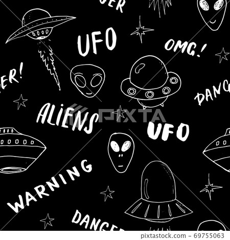 Ufo and aliens Seamless pattern. Cute Doodles space ships sketch. Hand drawn Cartoon Vector illustration Ufo and aliens Seamless pattern. Cute Doodles space ships sketch. Hand drawn Cartoon Vector illustration 69755063