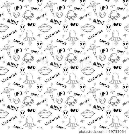 Ufo and aliens Seamless pattern. Cute Doodles space ships sketch. Hand drawn Cartoon Vector illustration Ufo and aliens Seamless pattern. Cute Doodles space ships sketch. Hand drawn Cartoon Vector illustration 69755064