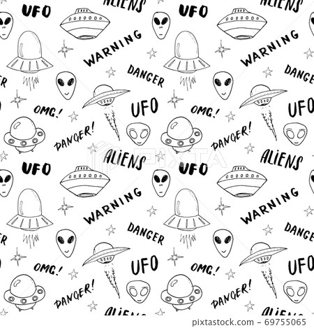 Ufo and aliens Seamless pattern. Cute Doodles space ships sketch. Hand drawn Cartoon Vector illustration Ufo and aliens Seamless pattern. Cute Doodles space ships sketch. Hand drawn Cartoon Vector illustration 69755065