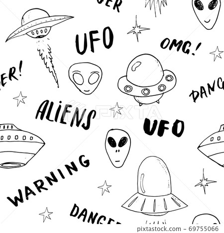 Ufo and aliens Seamless pattern. Cute Doodles space ships sketch. Hand drawn Cartoon Vector illustration Ufo and aliens Seamless pattern. Cute Doodles space ships sketch. Hand drawn Cartoon Vector illustration 69755066