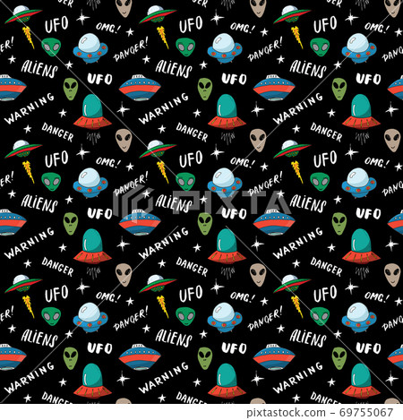 Ufo and aliens Seamless pattern. Cute Doodles space ships sketch. Hand drawn Cartoon Vector illustration Ufo and aliens Seamless pattern. Cute Doodles space ships sketch. Hand drawn Cartoon Vector illustration 69755067