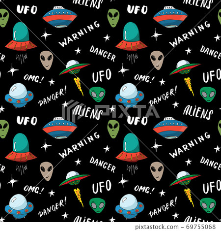 Ufo and aliens Seamless pattern. Cute Doodles space ships sketch. Hand drawn Cartoon Vector illustration Ufo and aliens Seamless pattern. Cute Doodles space ships sketch. Hand drawn Cartoon Vector illustration 69755068