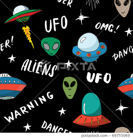 Ufo and aliens Seamless pattern. Cute Doodles space ships sketch. Hand drawn Cartoon Vector illustration Ufo and aliens Seamless pattern. Cute Doodles space ships sketch. Hand drawn Cartoon Vector illustration 69755069