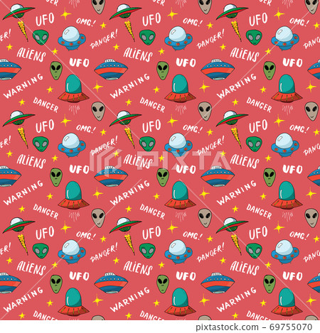 Ufo and aliens Seamless pattern. Cute Doodles space ships sketch. Hand drawn Cartoon Vector illustration Ufo and aliens Seamless pattern. Cute Doodles space ships sketch. Hand drawn Cartoon Vector illustration 69755070