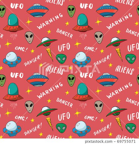 Ufo and aliens Seamless pattern. Cute Doodles space ships sketch. Hand drawn Cartoon Vector illustration Ufo and aliens Seamless pattern. Cute Doodles space ships sketch. Hand drawn Cartoon Vector illustration 69755071