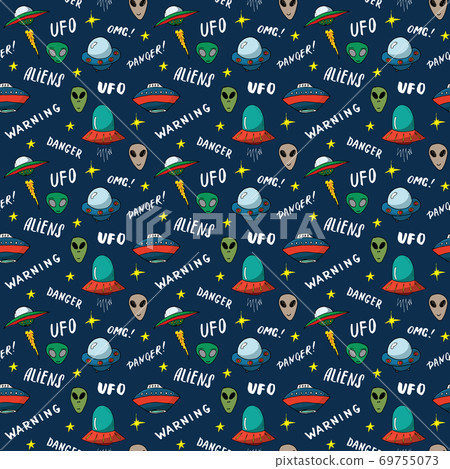 Ufo and aliens Seamless pattern. Cute Doodles space ships sketch. Hand drawn Cartoon Vector illustration Ufo and aliens Seamless pattern. Cute Doodles space ships sketch. Hand drawn Cartoon Vector illustration 69755073