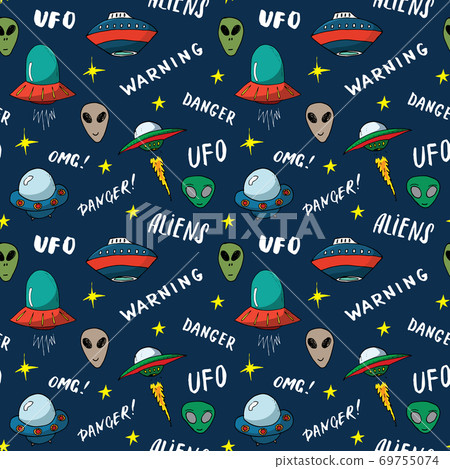 Ufo and aliens Seamless pattern. Cute Doodles space ships sketch. Hand drawn Cartoon Vector illustration Ufo and aliens Seamless pattern. Cute Doodles space ships sketch. Hand drawn Cartoon Vector illustration 69755074
