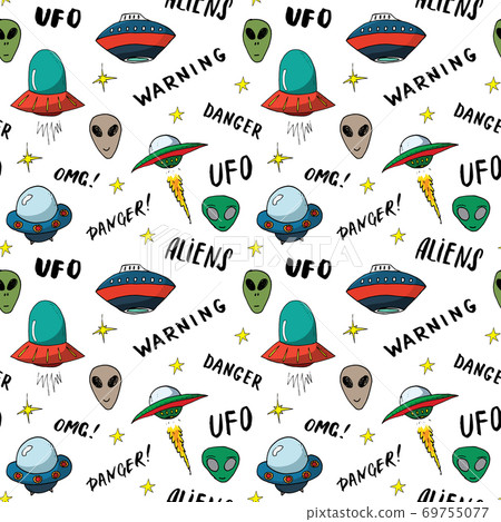 Ufo and aliens Seamless pattern. Cute Doodles space ships sketch. Hand drawn Cartoon Vector illustration Ufo and aliens Seamless pattern. Cute Doodles space ships sketch. Hand drawn Cartoon Vector illustration 69755077