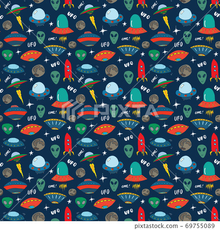 Ufo and aliens Seamless pattern. Cute Doodles space ships sketch. Hand drawn Cartoon Vector illustration Ufo and aliens Seamless pattern. Cute Doodles space ships sketch. Hand drawn Cartoon Vector illustration 69755089