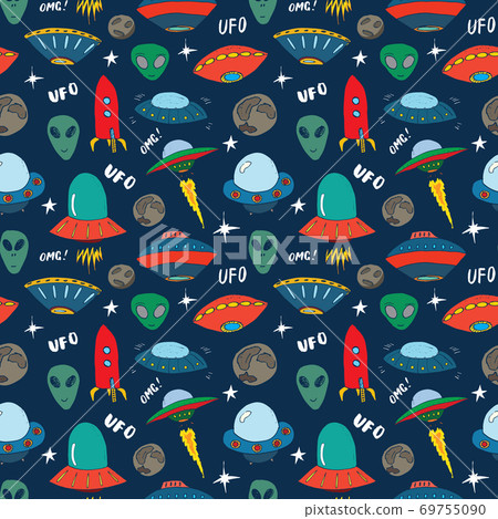 Ufo and aliens Seamless pattern. Cute Doodles space ships sketch. Hand drawn Cartoon Vector illustration Ufo and aliens Seamless pattern. Cute Doodles space ships sketch. Hand drawn Cartoon Vector illustration 69755090