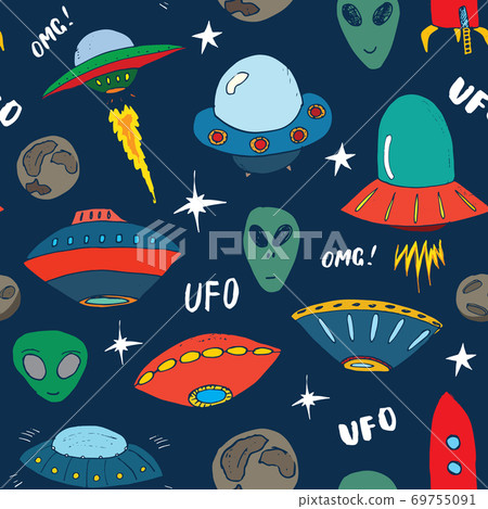 Ufo and aliens Seamless pattern. Cute Doodles space ships sketch. Hand drawn Cartoon Vector illustration Ufo and aliens Seamless pattern. Cute Doodles space ships sketch. Hand drawn Cartoon Vector illustration 69755091