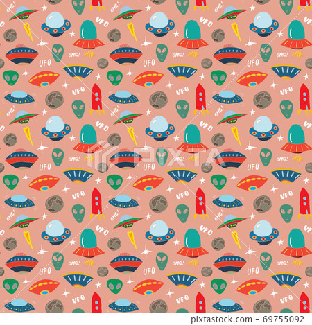 Ufo and aliens Seamless pattern. Cute Doodles space ships sketch. Hand drawn Cartoon Vector illustration Ufo and aliens Seamless pattern. Cute Doodles space ships sketch. Hand drawn Cartoon Vector illustration 69755092
