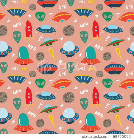 Ufo and aliens Seamless pattern. Cute Doodles space ships sketch. Hand drawn Cartoon Vector illustration Ufo and aliens Seamless pattern. Cute Doodles space ships sketch. Hand drawn Cartoon Vector illustration 69755093