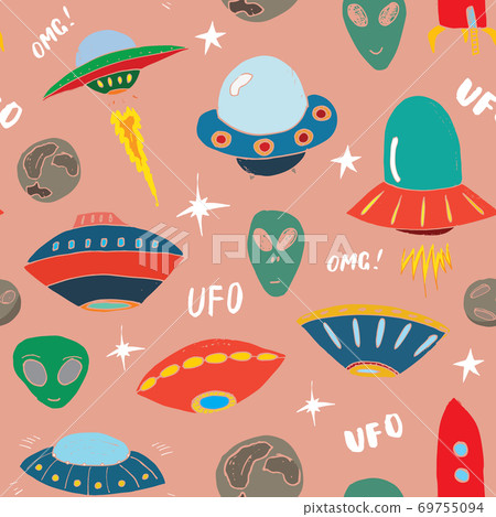 Ufo and aliens Seamless pattern. Cute Doodles space ships sketch. Hand drawn Cartoon Vector illustration Ufo and aliens Seamless pattern. Cute Doodles space ships sketch. Hand drawn Cartoon Vector illustration 69755094