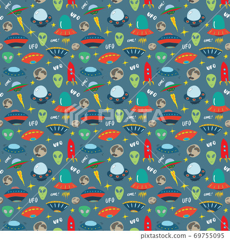 Ufo and aliens Seamless pattern. Cute Doodles space ships sketch. Hand drawn Cartoon Vector illustration Ufo and aliens Seamless pattern. Cute Doodles space ships sketch. Hand drawn Cartoon Vector illustration 69755095