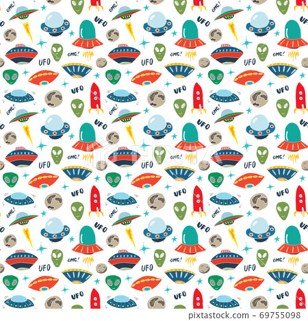 Ufo and aliens Seamless pattern. Cute Doodles space ships sketch. Hand drawn Cartoon Vector illustration Ufo and aliens Seamless pattern. Cute Doodles space ships sketch. Hand drawn Cartoon Vector illustration 69755098