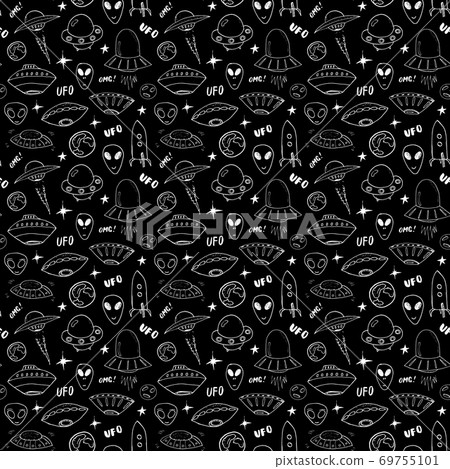 Ufo and aliens Seamless pattern. Cute Doodles space ships sketch. Hand drawn Cartoon Vector illustration Ufo and aliens Seamless pattern. Cute Doodles space ships sketch. Hand drawn Cartoon Vector illustration 69755101
