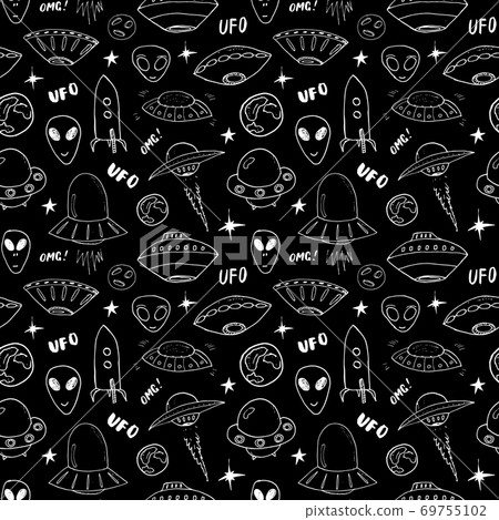 Ufo and aliens Seamless pattern. Cute Doodles space ships sketch. Hand drawn Cartoon Vector illustration Ufo and aliens Seamless pattern. Cute Doodles space ships sketch. Hand drawn Cartoon Vector illustration 69755102