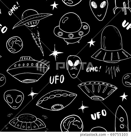 Ufo and aliens Seamless pattern. Cute Doodles space ships sketch. Hand drawn Cartoon Vector illustration Ufo and aliens Seamless pattern. Cute Doodles space ships sketch. Hand drawn Cartoon Vector illustration 69755103