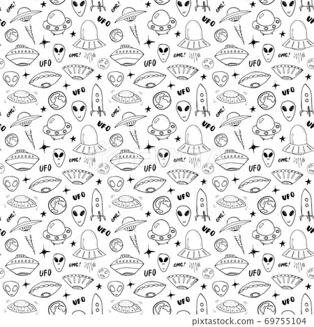 Ufo and aliens Seamless pattern. Cute Doodles space ships sketch. Hand drawn Cartoon Vector illustration Ufo and aliens Seamless pattern. Cute Doodles space ships sketch. Hand drawn Cartoon Vector illustration 69755104