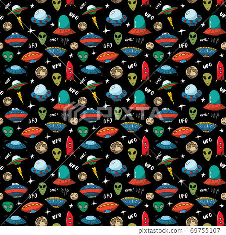 Ufo and aliens Seamless pattern. Cute Doodles space ships sketch. Hand drawn Cartoon Vector illustration Ufo and aliens Seamless pattern. Cute Doodles space ships sketch. Hand drawn Cartoon Vector illustration 69755107