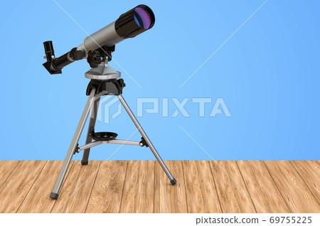 Telescope on the wooden table. 3D rendering 69755225