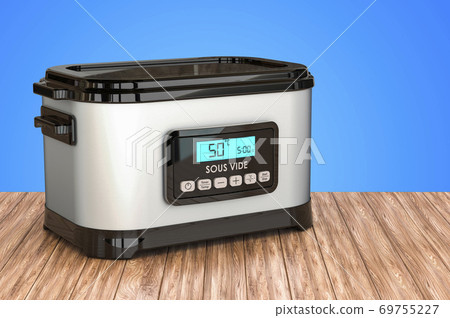 Sous vide machine on the wooden table. 3D rendering 69755227