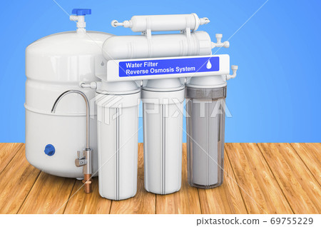 Reverse Osmosis System on the wooden table. 3D rendering Reverse Osmosis System on the wooden table. 3D rendering 69755229