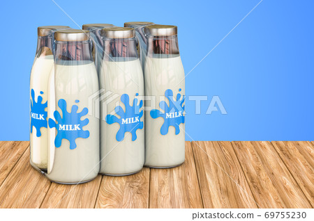 Package of glass milk bottles in shrink film on the wooden table. 3D rendering Package of glass milk bottles in shrink film on the wooden table. 3D rendering 69755230