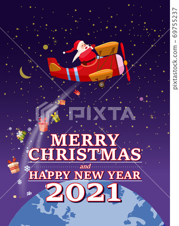 Santa Claus Van with text Merry Chrismas and Happy New Year 2021 flying in plane retro delivering shipping gifts Santa Claus Van with text Merry Chrismas and Happy New Year 2021 flying in plane retro delivering shipping gifts 69755237